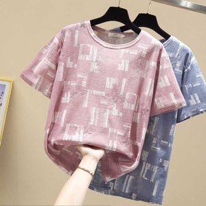 Plus Size O-pescoço de Manga Curta Tshirt Camisas De Algodão Mulher Coreana T-Shirt das Mulheres Tees Tops Rosa Roxo Preto 210604