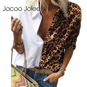 Joloo jolee casual manga longa leopardo impressão retalhos soltos blusas e camisas elegante escritório senhora chiffon blusa de grandes dimensões top 210619