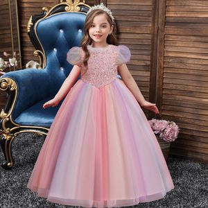 2024 Lentejuelas Rosa Una línea Vestidos para niñas de flores O Cuello Fiesta Niños Fiesta de graduación Princesa Pageant Vestidos de noche Primera comunión Cumpleaños para boda Vestido de cola de cocinero