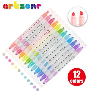 12 cores cute estilo japonês papelaria milkliner caneta caneta desenho marcador de leite ladeira dupla cabeça fluorescente penas