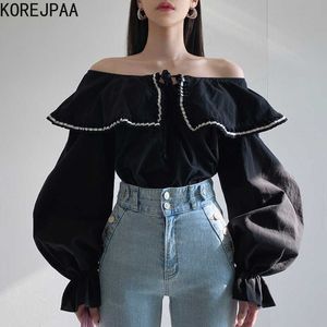 Korejpaa Kadınlar Gömlek Yaz Kore Chic Retro Tarzı Kelime Yaka Ruffled Pileli Organ Dikiş Fener Kol Bluz 210526