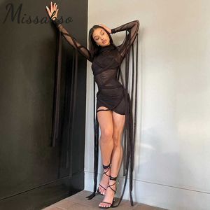 Missakso Sexy BodyCon Mesh See Through Dress Y2K Summer Women Black Long Sleeve Streetwear Bandage Mini Dresses Party Club 210625