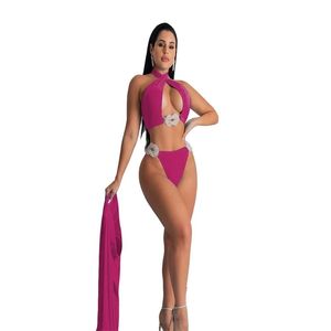 ファッション3ピースセットビキニの女性夏のスパゲッティストラップ水着と長いシフォンカバーアップアウトフィットビーチスーツネオン卸売210525