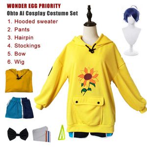 Wonder Egg Priority Ohto Ai Cosplay Yellow Hoodies Sweatshirt Pants Wig Women's Panties Underkläder Girl Anime Kläder Sportkläder Y0903