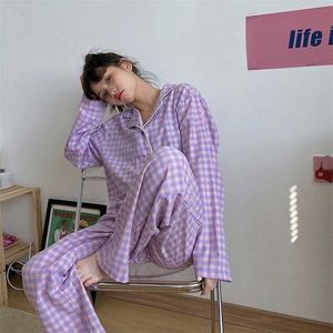 Qweek Ekose Kadın Pijama Kore Mor Kız Pijama Setleri Sonbahar Pijamas Pijama Nightie Nightgown Loungewear Bırak 211211