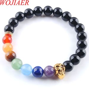 Wojier 8mm Pedra de quartzo preto redondo contas Fantasma Cabeça Fantasias Pulseiras 7 Chakra Cura Mala Meditação Praia Yoga Mulheres Jóias K3231