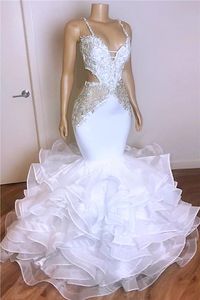 Plus Size Arabiska Aso Ebi Vit Spets Pärlor Sommar Brudklänningar Spaghetti Sjöjungfru Sexiga bröllopsklänningar Formell fest Vestido de novia