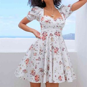 MUICHES Sexy Square Collar White Printing Mini Dress Woman Puff Sleeve High Waist Party Holiday A-Line Dress Summer 210715