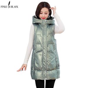 PinkyisBlack Solid Hooded Long Vest Women Winter Waistcoat Fashion Shiny Coat Kvinnor Elegant Glänsande Vinter Vest Jacka Kvinna 211008