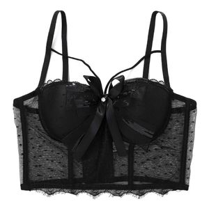 New Lace Mesh Bow Perspective Crop Tank Top With Built In Bra Top Femme Push Up Bralette Short Sexy Black Clothes for Nightclub X0726