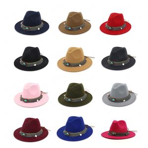 New Wide Brim Church Derby Belt Top Hat Panama Solid Felt Fedoras Hat För Män Kvinnor Konstgjorda Ull Blend Jazz Cap