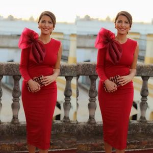 Elegant Red Sheath Mother of The Bride Dresses Tea Length 2022 Single Sleeves Jewel Neck Short Simple Wedding Guest Party Gowns Groom Mom Formal Evening Dress