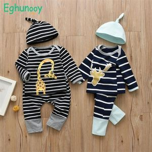 Recém-nascido infantil bebê meninos conjunto conjunto girafa padrão de manga comprida t-shirt casual calças chapéu 3 pcs roupas de vestuário toddler 210309