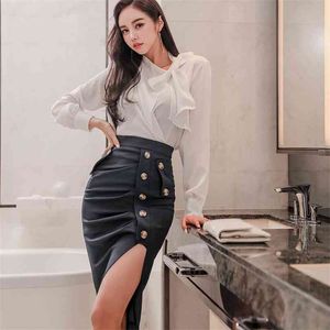 Office irregular suit korean ladies Sexy fall Long SLeeve White tops and Midi bodycon skirt party sets for women china 210602