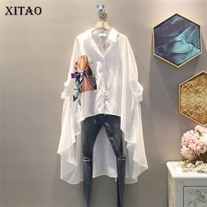 Xitao不規則なプリーツブラックホワイトシャツ女性服プリントボタンブラウストップ夏のファッションマッチALL ZLL4271 220214