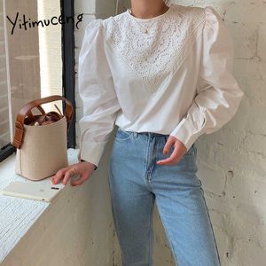 Yitimuceng Office Lady Blouse Women Oveisize Lace Hook Flower Korean Fashion Shirts Sky Blue White Yellow Spring Tops 210601