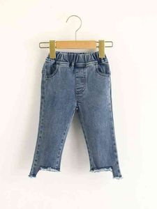 Baby asymmetrisk rå hem elastiska midja jeans hon