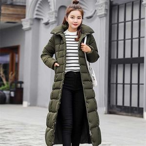 Długi Slim Solid Color Women Jacket Parkas Fashion Winter High Quality Samica Płaszcz Plus Size 211008