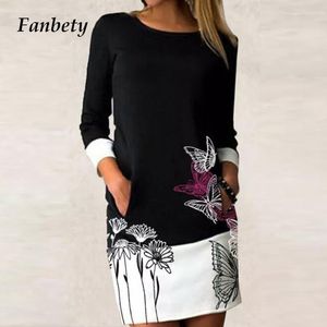 2021 Wiosna Patchwork Drukuj Mini Sukienka Kobiety Jesień Z Długim Rękawem Slim Sukienka Kobiet Moda Motyl Pocket Party Dresses Vestido X0521