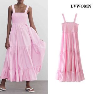 Lvwomn Zaのドレス夏のエレガントなRuchedノースリーブビーチMIDIバックレス女性ピンクの緩いプリーツ長いカジュアルES 210608