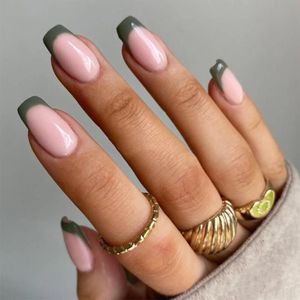 Valse nagels stks Olive Green Nail Patch Lijm Type Verwijderbare Mid lengte Paragraaf Mode Manicure Bespaar tijd TeeA889