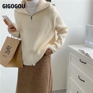 GIGOGOU Zipper Cardigan for Women's Sweater y2k Autumn Winter Knitted Top Blouse Button Up Collar Warm Thicken Women Coat Jacket 210914