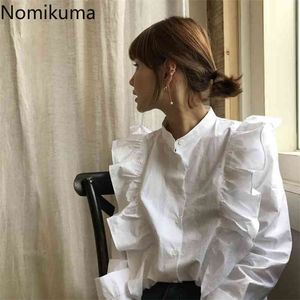 Nomikuma coreano monopetto stand collo camicetta camicia volant patchwork manica lunga Blusas Femme autunno dolce bambola 6C150 210719