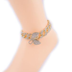 Butterfly Anklets Iced Out Charm Pendant Hip Hop Miami Cuban Link Kedja Fötter Ben Girls Smycken Rose Gold Silver Color Rap Punk