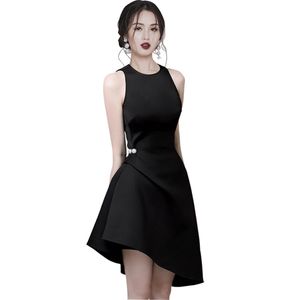 ブラックフォーマルAラインドレス韓国の女性セクシーな夏のノースリーブクルーネックオフィスのキャバレーパーティードレス210602