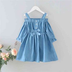 Gooporson Fashion Korean Long Sleeve Princess Dress Off The Shoulder Party Denim Costume Fall Cute Bow Tie Toddler Outfits 210715