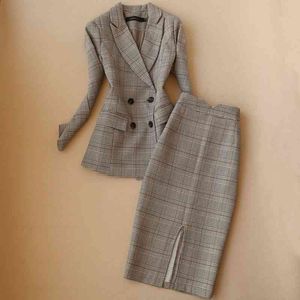 Vinter Högkvalitativ Kvinnors Suit Kjol Set Tvådelad Koreansk version av Professional Plaid Ladies Jacket Slim 210527
