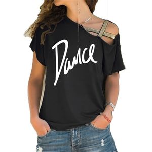 Kvinnor T-shirt Loose Slash Neck T-shirt Ladies Casual Letter Dance Sommar Oregelbundna Skew Cross Bandage Tops Tee 210623