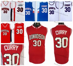 Herren Vintage Davidson Wildcat Stephen Curry 30 Basketball-Trikots Rot Weiß Charlotte Christian Knights High School genähte Hemden Blau S-XXL