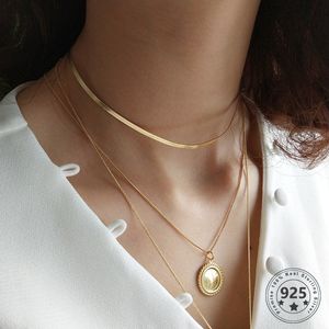 LouLeur 925 Ayar Gümüş Düz Yılan Moda Kolye Altın Geniş Zincir Gerdanlık Kolye Kadınlar Için Boyun Dekorasyon Gümüş Takı Q0531