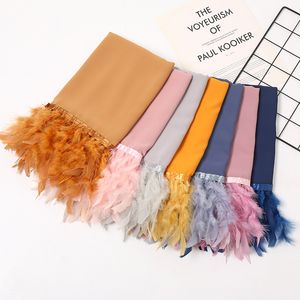 Ladies Luxury Chiffon Feather Hijab Plain Muslim Head Scarf Headwear Solid Färg Islamic Hijabs Kvinna Sjal