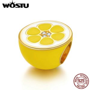 Wostu Yellow Lemon Charms 925スターリングシルバーエナメルジルコンビーズフィットオリジナルブレスレットネックレス用女性ジュエリー2020 CQC1590 Q0531