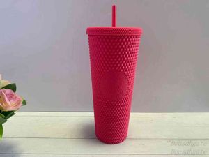 2021 Starbucks Studded Cup Tumblers 710ml Barbie Pink Matte Black Plastic Mugs with Straw Factory Supply H1102