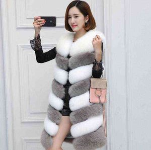 Haining Fur Korean Imitation Fur Grass Vest Splicing Medium och Long Vest Kvinna 211207