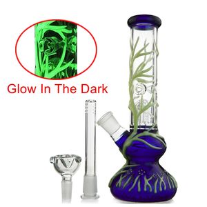 Glöd i Dark Hookahs UV Glas Bongs 4 Arms Tree Perc BEAKER BONG RIGHT PERCOLATOR OIL DAB RIGS 18mm Joint Water Pipes