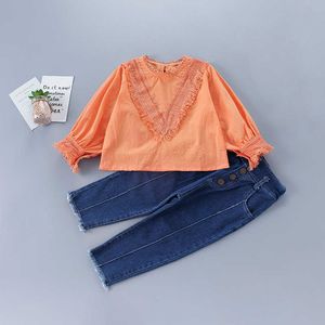 2-7 anos de alta qualidade menina vestuário conjunto outono moda casual laranja camisa sólida + denim calça criança crianças 210615
