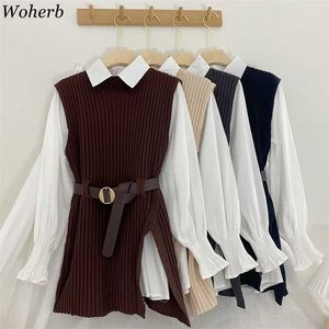 Woherb Korean Spring Autumn Women Knitted Sweater Vest + White Blouse Casual Belt Suit Two Pieces Set Office Lady Outfits 211011