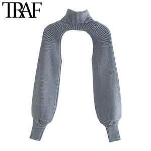 TRAF Women Fashion Arm Warmers Knitted Sweater Vintage Turtleneck Long Sleeve Female Pullovers Chic Tops 210812