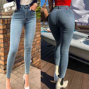 Весна осень женские джинсы высокая талия стрейч тощие джинсовые брюки винтаж синий промытый эластичный тонкий обернут бедро карандашные брюки 210708