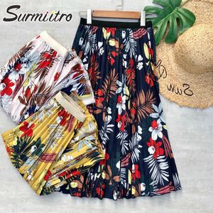 SURMIITRO Summer Midi Long Pleated Skirt Women Korean Style Black Floral Print Mid-Length High Waist A Line Skirt Female 210712