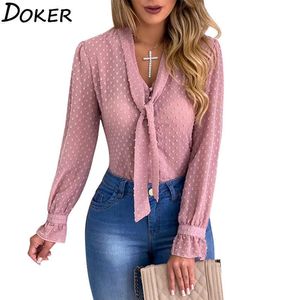 Polka Dotシフォンブラウス女性服Vネック長袖シャツレディーストップスとブラウスレディースプラスサイズのシャツ210721