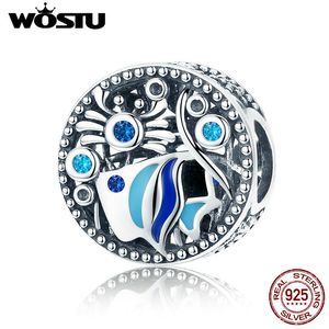 Wostu 100％925スターリングシルバー水中ワールドフィッシュラウンドビーズチャームフィットオリジナルブレスレットネックレスファインジュエリーギフトCQC763 Q0531