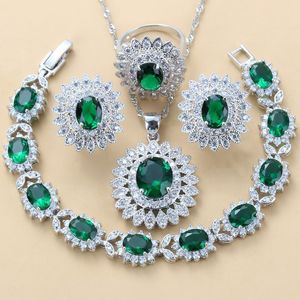lyxiga Dubai Bridal Silver 925 Brial Smycken Set Grön Cubic Zircon Solrosörhängen Halsband Armband Och Ring Set 220210