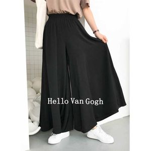 Vanovich Retro Longo Loose Plus Size Elastic Cintura Alta Calças de Pé largo Pants Calças Mulheres Preto 210615
