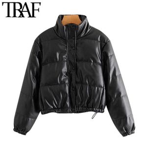 TRAF女性のファッションのフェイクレザーの厚い暖かいパッド入りジャケットコートビンテージ長袖弾性裾女性の上着シックトップ210909