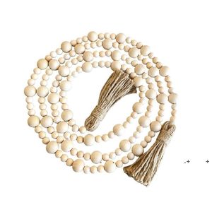 nuova catena di perline in legno naturale con nappe decorazioni per la fattoria decorazioni in legno fatte a mano perline corda di canapa casa appesa EWE5512